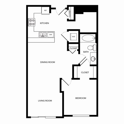 Floor plan for 1 bed, 1 bath, 823 sqft